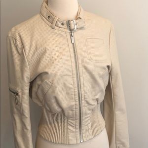 bebe cream perforated faux leather jacket.